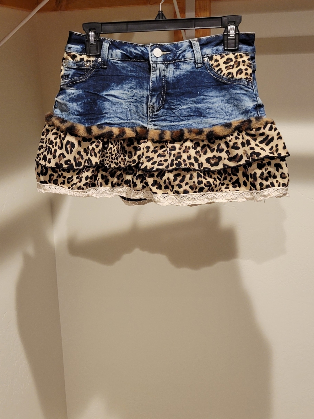 Denim & Leopard Ruffle Mini Skirt